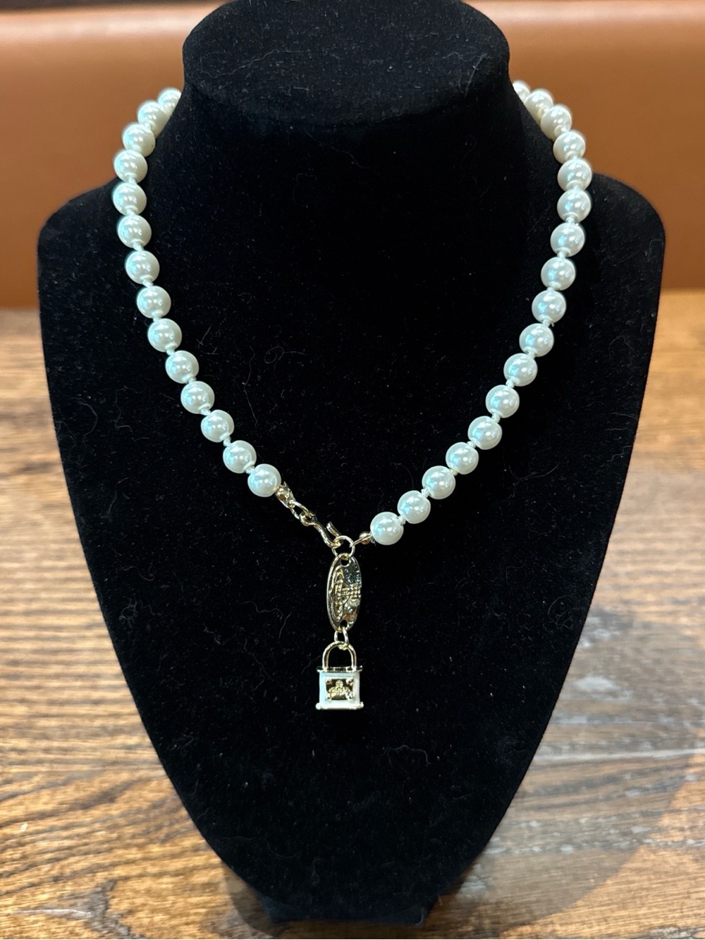 Classic White Pearl Necklace with Gold Padlock Charm